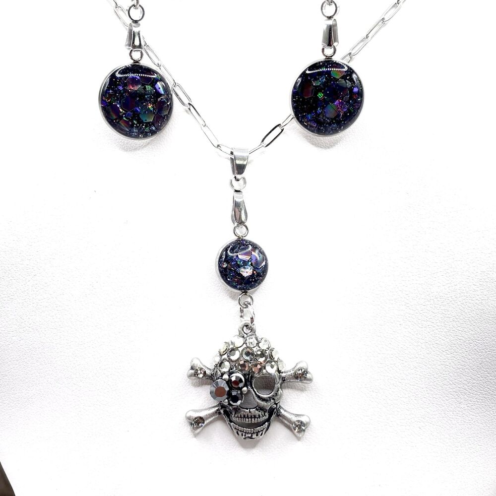 Skull Necklace & Earrings Set | Gothic Rhinestone Pendant